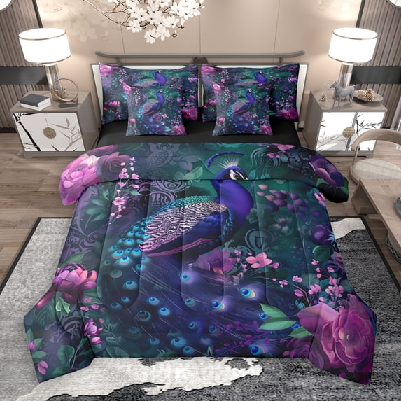 Manfei Chic Peacock 7-Piece Twin Bedding Sets,Rustic Flower Floral Bedding Comforter Set,Purple Pink Sheet Sets For Girls Kids,Ultra Soft Home Decor Reversible