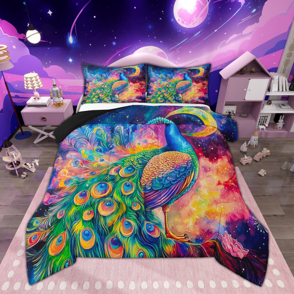 Manfei Chic Peacock Bedding Comforter Set for Girls, Wild Animal Twin Comforter Sets, Oil Painting Star Galaxy Bedding Set, Lightweight Room Decor Reversible 2pcs