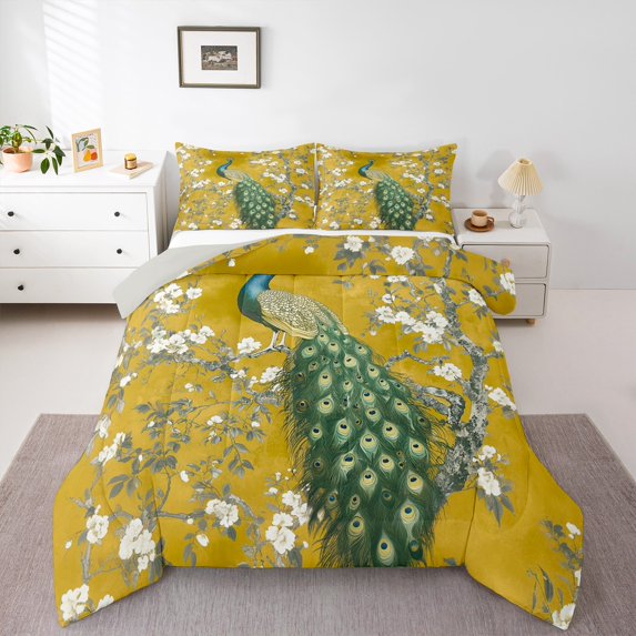 Manfei Chic Peacock Bedding Twin Comforter Set,Zoo Animal Down Comforter,White Floral Bedding Sets Twin with Comforter,Lightweight Bedroom Decorative Reversible,2 Pieces