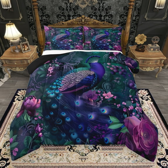 Manfei Chic Peacock Queen Comforter Set,Rustic Flower Floral Bedding Sets,Purple Pink Bedding Comforter Set For Girls Kids,Ultra Soft Home Decor Reversible,3 Pieces