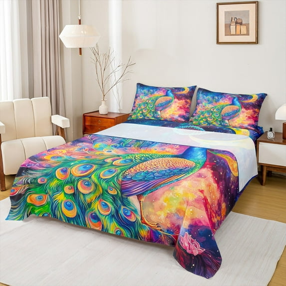 Manfei Chic Peacock Twin Sheet Sets for Girls, Wild Animal Twin Fitted Sheet, Oil Painting Star Galaxy Flat Sheet, Lightweight Room Decor 3pcs