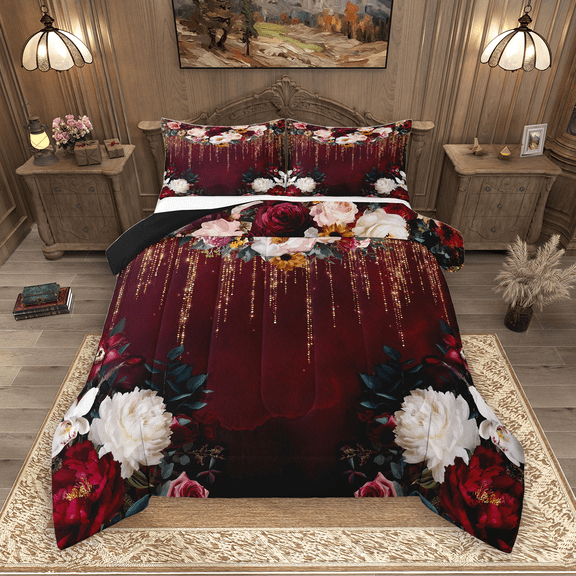 Manfei Chic Peony Flower Full Size Comforter Sets 3-Piece for Girls, Spring Garden Floral Bedding Comforter Set, Red Bedding Sets, Microfiber Bedroom Decor