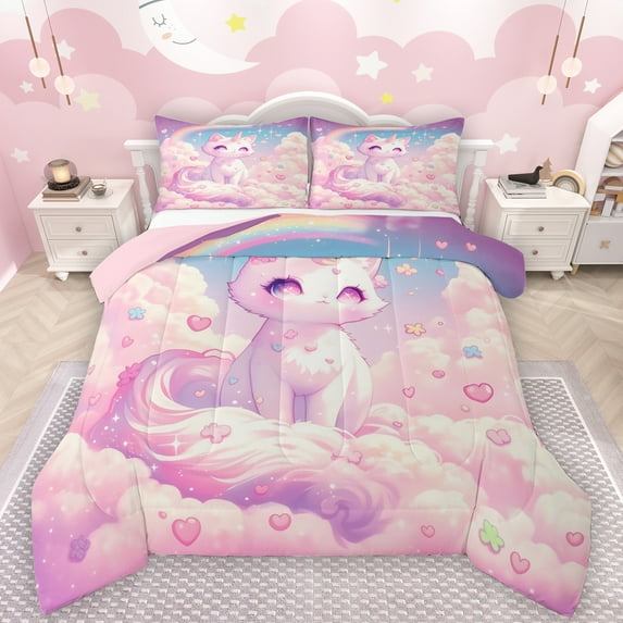 Manfei Chic Pet Cat Queen Comforter Set,Fairy Tale Theme Bedding Sets,Colorful Loves Flowers Bedding Comforter Set For Girls,Microfiber Bedroom Decor Reversible,3pcs