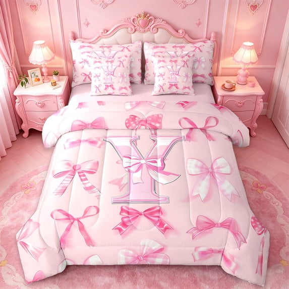 Manfei Chic Pink Bow 7-Piece Twin Bedding Sets For Kids,3D Letter E Initial Monogram Print Bedding Comforter Set,Pink Reversible