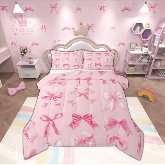 Manfei Chic Pink Bow Bedding Full Comforter Set, Kawaii Ribbon Down Comforter, Princess Bowknot Reversible Duvet Insert, Super Cozy Room Decor, 3-Piece