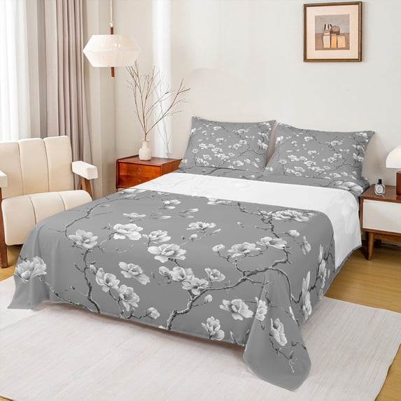 Manfei Chic Plum Blossom Full Size Sheets, Vintage White Floral Bed Sheets, Gray Aesthetic Sheet Sets for Girls Women, Ultra Soft Home Decor4 Pieces