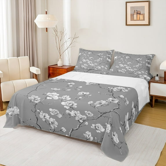 Manfei Chic Plum Blossom Queen Sheet Sets, Vintage White Floral Flat Sheet, Gray Aesthetic Queen Fitted Sheet for Girls Women, Ultra Soft Home Decor 4pcs