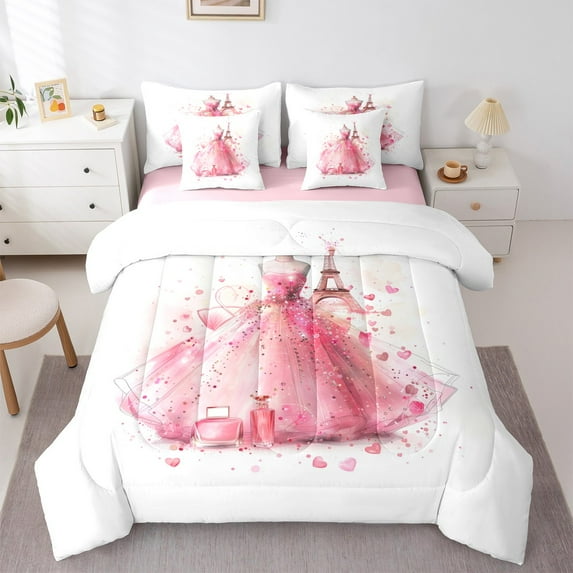 Manfei Chic Princess Dress 7-Piece Twin Bedding Sets,Pink Glitter Print Bedding Comforter Set,France Eiffel Tower Sheet Sets For Girls Boys,Microfiber Bedroom Decor Reversible