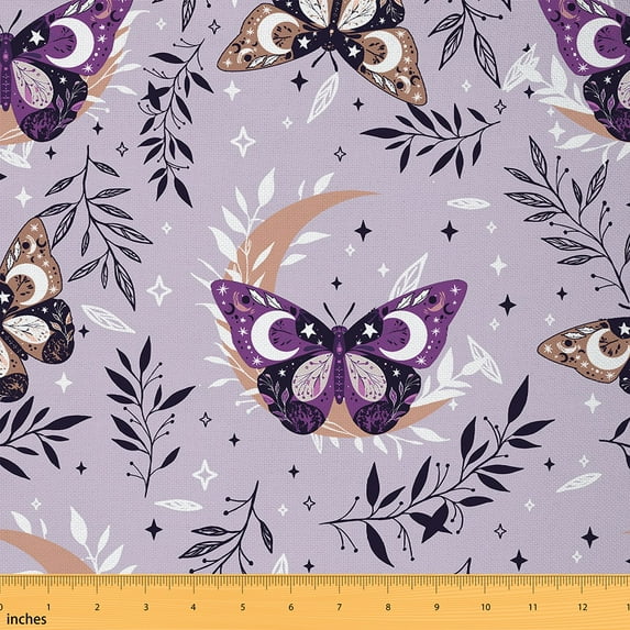 Manfei Chic Purple Butterfly Fabric by the Yard (2 Yards), Hippie Moon Print Decorative Fabric by the Yard, Botanical Leaves Sewing & Crafting Fabric