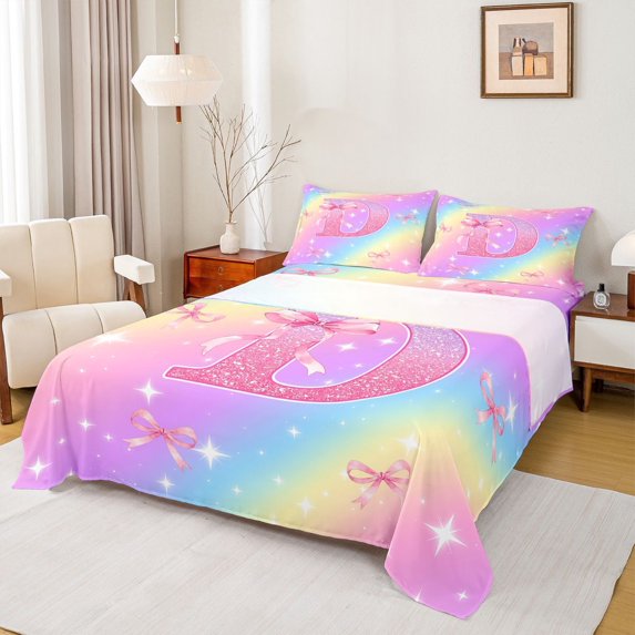 Manfei Chic Rainbow Bownot Bed Sheets,Pink Alphabet Print D Full Size Sheets,4pcs