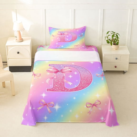 Manfei Chic Rainbow Bownot Twin Sheets,Pink Alphabet Print D Bedding,3 Pieces