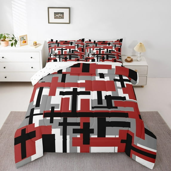 Manfei Chic Rectangle Bedding Comforter Set for Men, Black Grey Red Twin Comforter Sets, Abstract Geometric Reversible Bedding Set, Super Cozy Room Decor, 2-Piece