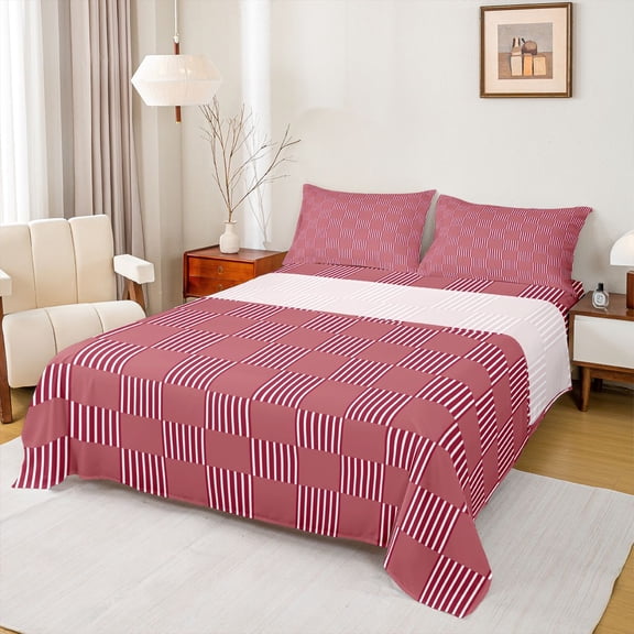 Homewish Chic Red Abstract Twin Sheet Set, Fashion Square Stripes Teens Bedding, 3pcs