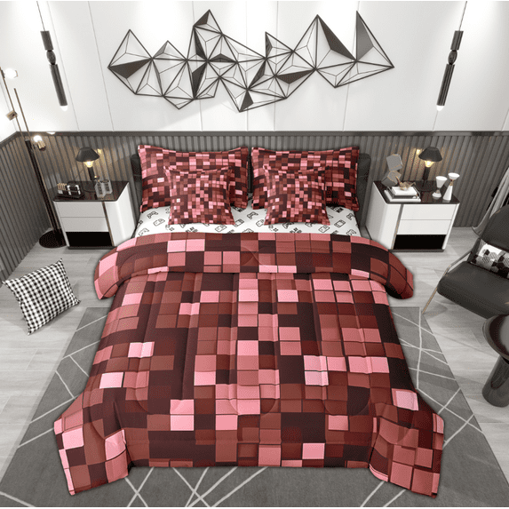 Manfei Chic Red Geometric Twin Bedding Sets 7-Piece, Modern Square Abstract Bedding Comforter Set, Teens Boys Girls Kids Reversible Sheet Sets, Breathable Home Decor