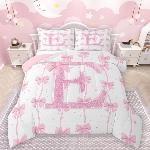 Manfei Chic Ribbon Bow Bedding Comforter Set,Lovely Bowknot Bowtie Twin Comforter Sets,First Letter E Bedding Set For Girls,Super Cozy Room Decor Reversible,2pcs