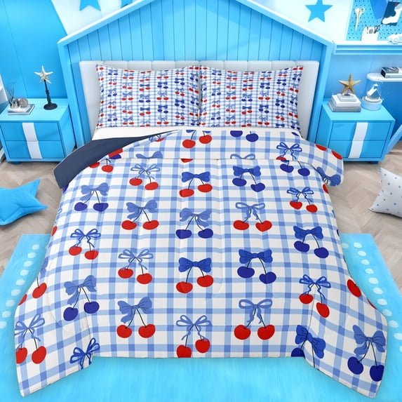 Manfei Chic Ribbon Cherry Bedding Comforter Set for Teen, Fashion Blue Buffalo Twin Comforter Sets, Kawaii Cartoon Theme Reversible Bedding Set, Breathable Home Decor, 2-Piece