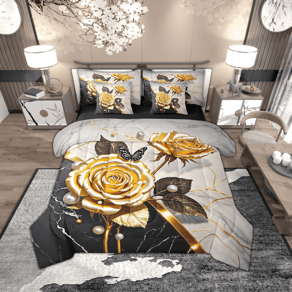 Manfei Chic Rose Flower 7 Pieces Bed in a Bag Queen Size, Aesthetic Black Gold Marble Bed Set, Wild Butterfly Bed Sheets Setp with Comforter, Lightweight Bedroom Decorative