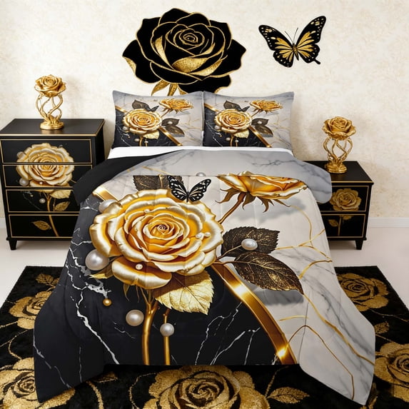 Manfei Chic Rose Flower Bedding Full Comforter Set, Aesthetic Black Gold Marble Down Comforter, Wild Butterfly Bedding Sets Full with Comforter, Lightweight Bedroom Decorative, 3 Pieces Reversible