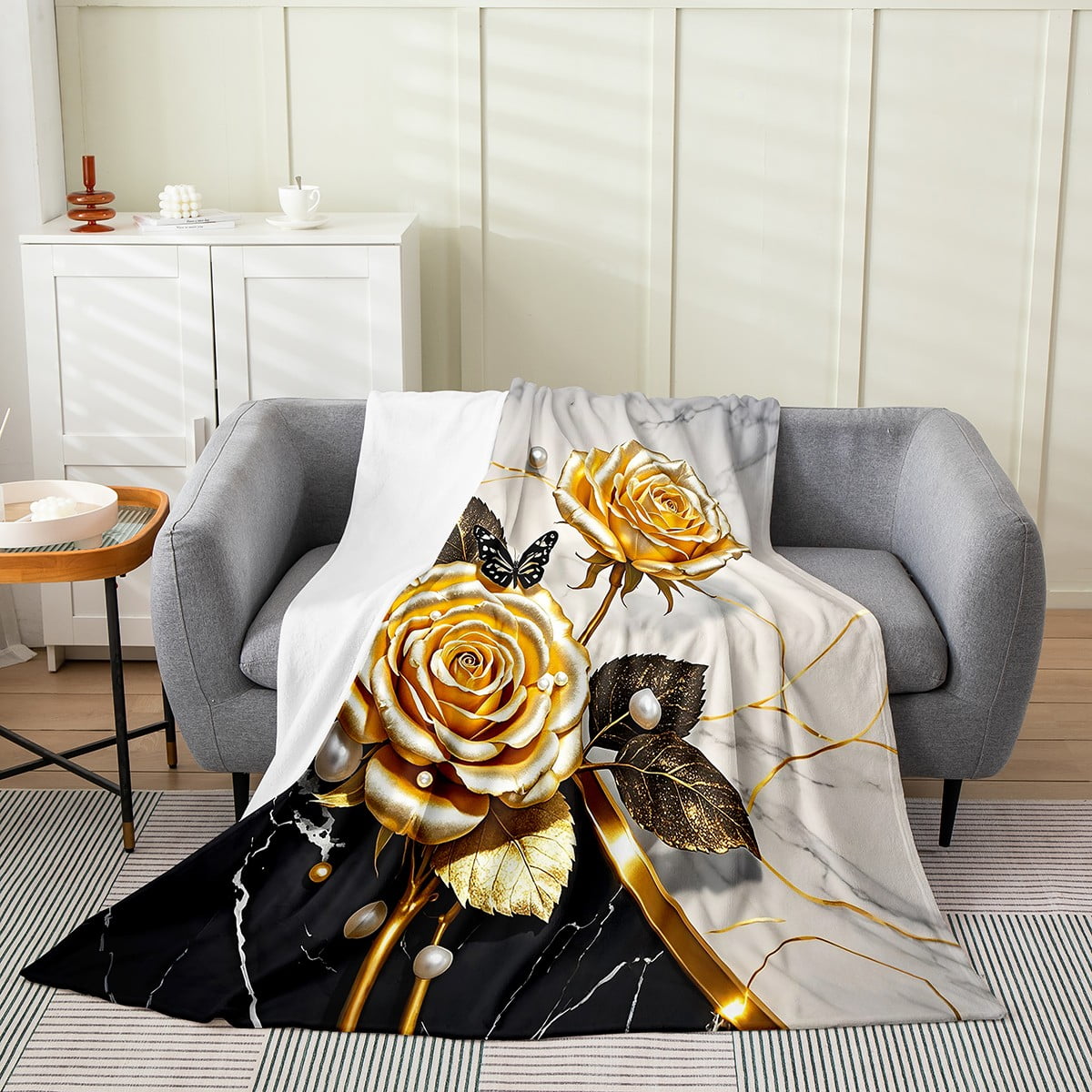 Manfei Chic Rose Flower Throw Blanket for Couch 40x50, Aesthetic Black