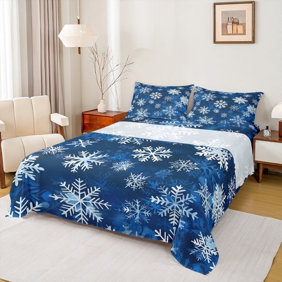 Manfei Chic Snowflakes Bed Sheets 4 Pieces, Merry Xmas Christmas King Sheets, Blue White Sheet Set, Breathable Home Decor