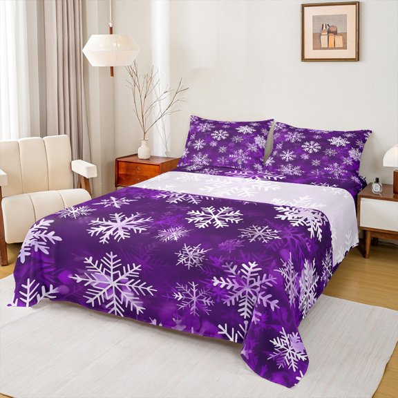 Manfei Chic Snowflakes Queen Sheet Sets 4-Piece, Merry Xmas Christmas Flat Sheet, Purple White Queen Fitted Sheet, Ultra Soft Home Decor