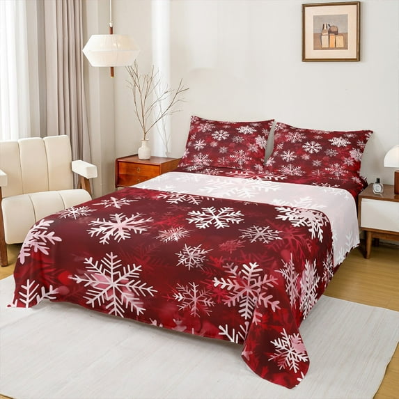 Manfei Chic Snowflakes Twin Sheet Sets 3 Pieces, Merry Xmas Christmas Twin Fitted Sheet, Red White Flat Sheet, Microfiber Bedroom Decor