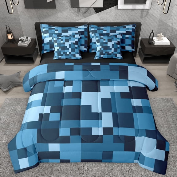 Manfei Chic Square Abstract Bedding Comforter Set 7 Pieces for Kids, Steel Blue Plaid Buffalo Full Bedding Set, Modern Fashion Art Reversible Fitted Sheet Flat Sheet, Breathable Home Decor