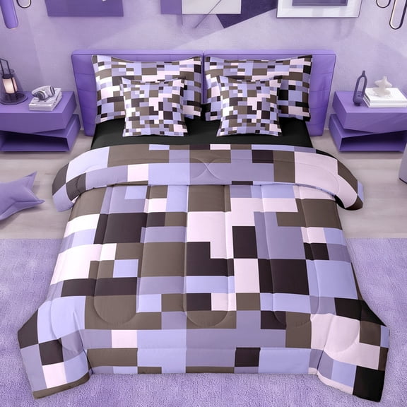 Manfei Chic Square Abstract Bedding Comforter Set 7 Pieces for Kids, Thistle Plaid Buffalo Full Bedding Set, Modern Fashion Art Reversible Fitted Sheet Flat Sheet, Lightweight Room Decor