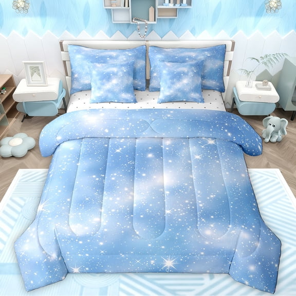 Manfei Chic Stars Pattern 7-Piece Bedding Comforter Set,Dreamy Universe Galaxy King Bedding Sets,White Blue Bed Sheets For Boy Girls,Ultra Soft Home Decor Reversible
