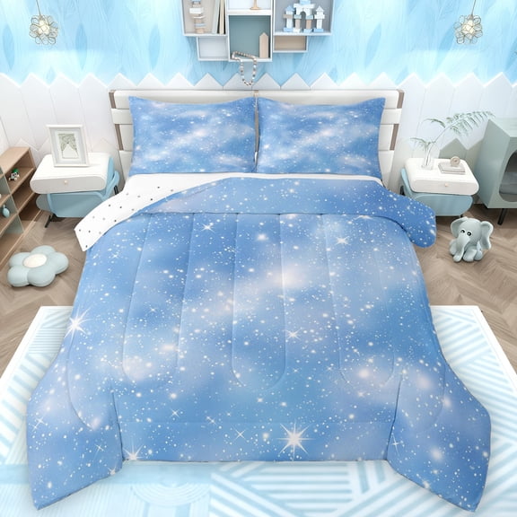 Manfei Chic Stars Pattern Bedding Comforter Set,Dreamy Universe Galaxy Twin Comforter Sets,White Blue Bedding Set For Boy Girls,Ultra Soft Home Decor Reversible,2-Piece