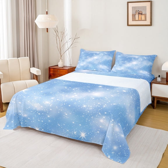 Manfei Chic Stars Pattern Twin Sheet Sets,Dreamy Universe Galaxy Twin Fitted Sheet,White Blue Flat Sheet For Boy Girls,Ultra Soft Home Decor,3-Piece