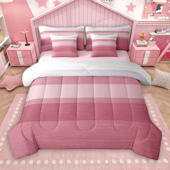Manfei Chic Stripes Ombre 7-Piece Twin Bedding Sets, Fashion Pink Abstract Art Bedding Comforter Set, Teens Kids Adult Men Women Reversible Sheet Sets, Lightweight Room Decor