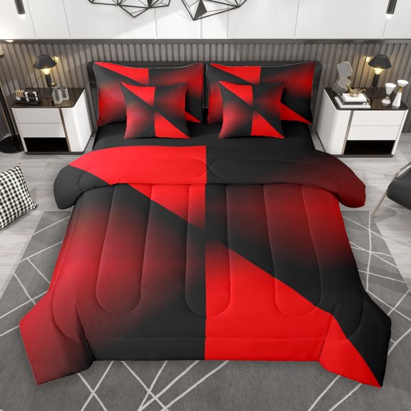 Manfei Chic Stripes Ombre 7 Pieces Bedding Comforter Set, Red Abstract Triangle Full Bedding Set, Teens Kids Adult Men Women Reversible Fitted Sheet Flat Sheet, Lightweight Room Decor