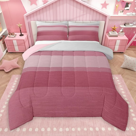 Manfei Chic Stripes Ombre Bedding Comforter Set, Fashion Pink Abstract Art Twin Comforter Sets, Teens Kids Adult Men Women Reversible Bedding Set, Lightweight Room Decor, 2-Piece