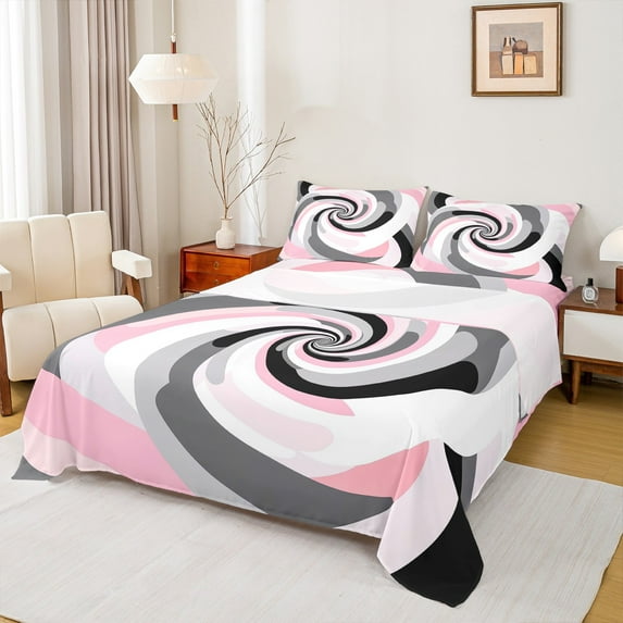 Manfei Chic Stripes Ombre Twin Sheet Sets, Pink Abstract Swirl Twin Fitted Sheet, Teens Kids Adult Men Women Flat Sheet, Microfiber Bedroom Decor, 3pcs