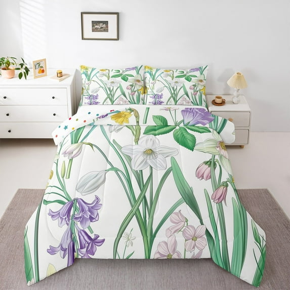 Manfei Chic Tulip Floral Full Size Comforter Sets,Romantic Flower Bedding Comforter Set,Purple White Green Bedding Sets For Girl Teens,Ultra Soft Home Decor Reversible,3pcs
