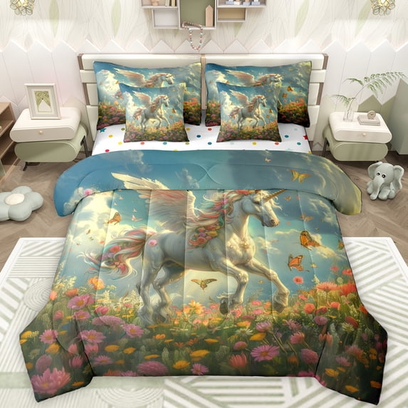 Manfei Chic Unicorn 7 Pieces Bedding Comforter Set,Colorful Flower Floral Full Bedding Set,Magic Cartoon Animal Fitted Sheet Flat Sheet For Girl Kids,Super Cozy Room Decor Reversible