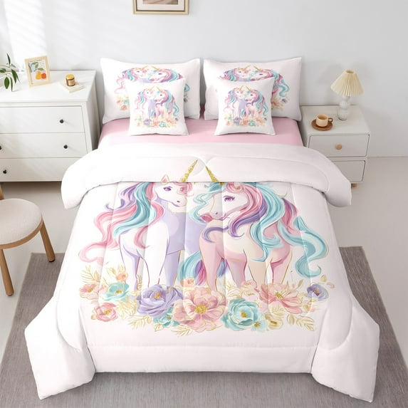 Manfei Chic Unicorn 7pcs Bedding Comforter Set,Cartoon Animal Queen Bedding Sets,Colorful Flower Floral Queen Sheet Sets For Girls,Ultra Soft Home Decor Reversible