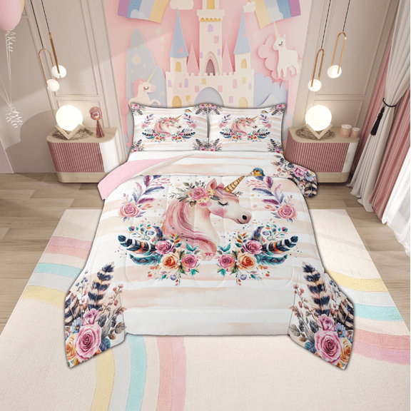 Manfei Chic Unicorn Bedding Comforter SetNcolorful Flower Twin Comforter Sets,Rustuc Floral Bedding Set For Child,Breathable Home Decor Reversible,2 Pieces
