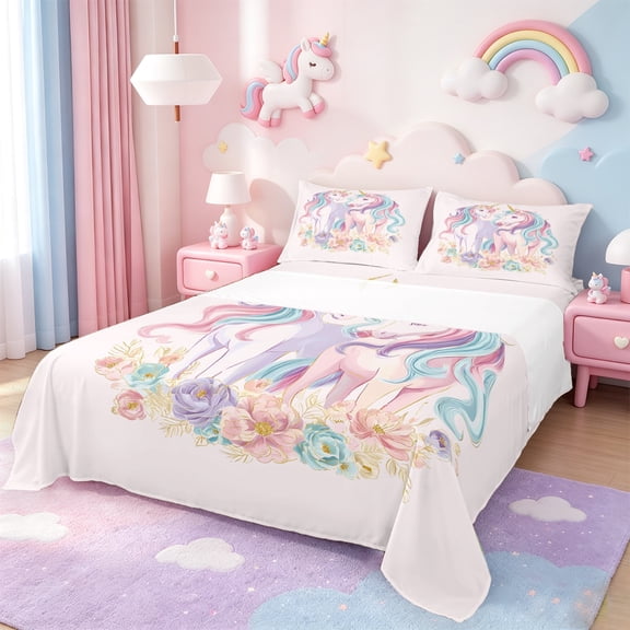 Manfei Chic Unicorn Full Size Sheets,Cartoon Animal Bed Sheets,Colorful Flower Floral Sheet Sets For Girls,Ultra Soft Home Decor,4-Piece