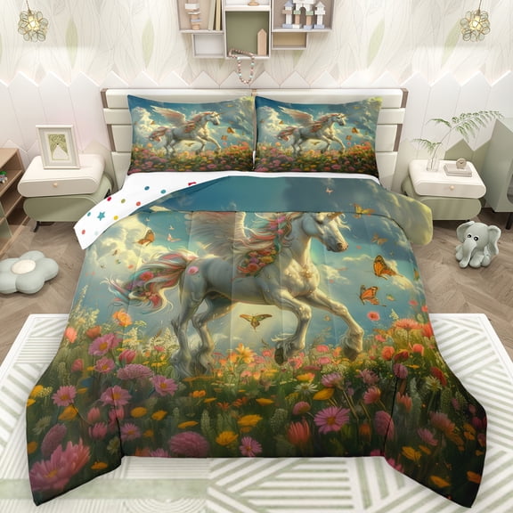Manfei Chic Unicorn Queen Comforter Set,Colorful Flower Floral Bedding Sets,Magic Cartoon Animal Bedding Comforter Set For Girl Kids,Super Cozy Room Decor Reversible,3pcs