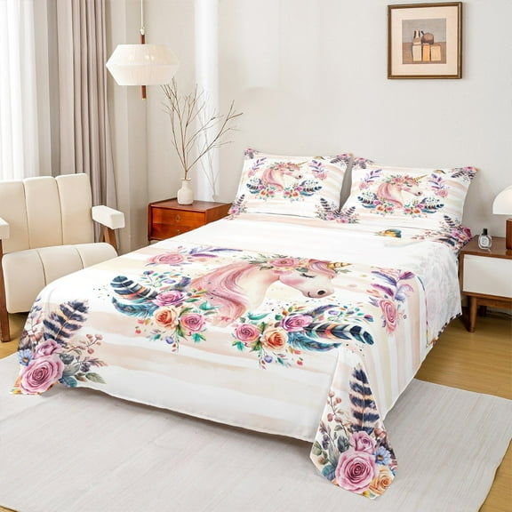 Manfei Chic Unicorn Queen Sheet SetsNcolorful Flower Flat Sheet,Rustuc Floral Queen Fitted Sheet For Child,Breathable Home Decor,4-Piece