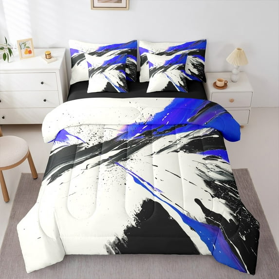 Manfei Chic Watercolor Bedding Comforter Set 7-Piece for Teen, Chinese Ink King Bedding Sets, Black Blue Splash Reversible Bed Sheets, Microfiber Bedroom Decor