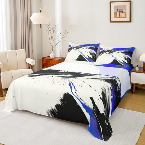 Manfei Chic Watercolor Full Size Sheets for Teen, Chinese Ink Bed Sheets, Black Blue Splash Sheet Sets, Microfiber Bedroom Decor, 4 Pieces