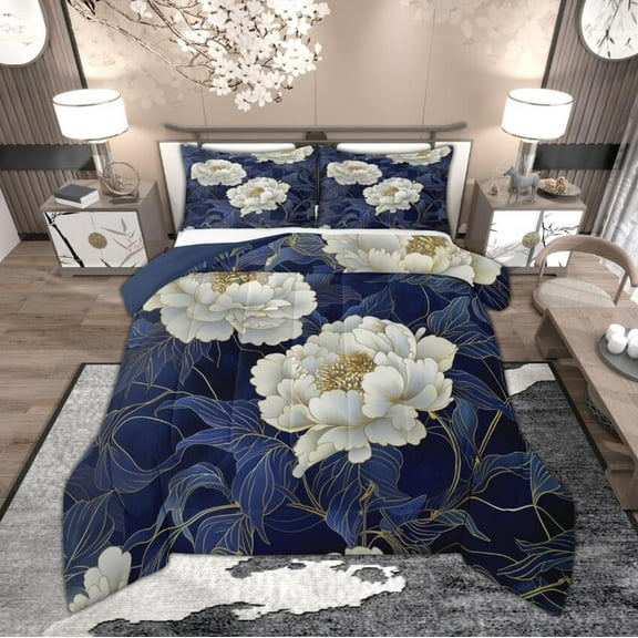 Manfei Chic White Peony Queen Comforter Set, Vintage Flower Bedding Sets, Modern Minimalist Leaves Bedding Comforter Set, Lightweight Room Decor, Reversible 3pcs