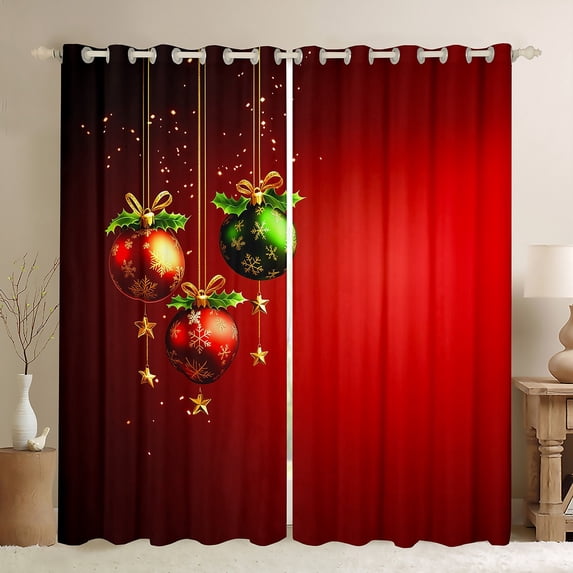Manfei Chic Xmas Ball Blackout Curtains Set of 2 (52x84 Each),Merry Christmas Window Curtains,Red Green Gold Curtains and Drapes For Girl,Microfiber Bedroom Decor