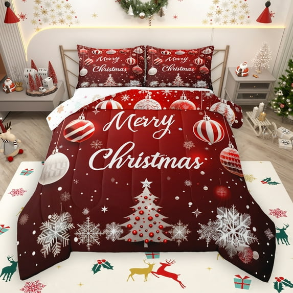 Manfei Chic Xmas Tree Bedding Comforter Set,Christmas Lantern Snowflake Twin Comforter Sets,White Red Bedding Set For Girl Boy,Luxury Bedroom Decor Reversible,2 Pieces