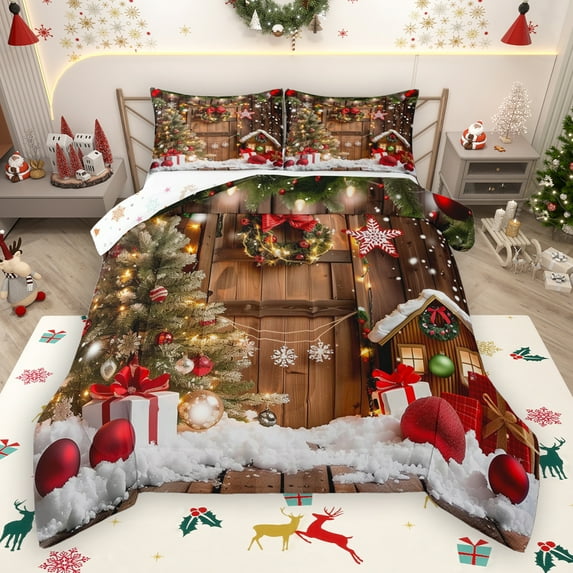 Manfei Chic Xmas Tree Full Size Comforter Sets,Merry Christmas Bedding Comforter Set,Red Brown Green Bedding Sets For Girls Kids,Super Cozy Room Decor Reversible,3 Pieces