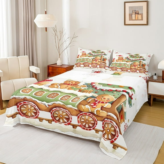 Manfei Chic Xmas Tree Twin Sheet Sets,Xmas Gingerbread Man Twin Fitted Sheet,Green White Brown Flat Sheet For Girls Boys Kids,Super Cozy Room Decor,3-Piece
