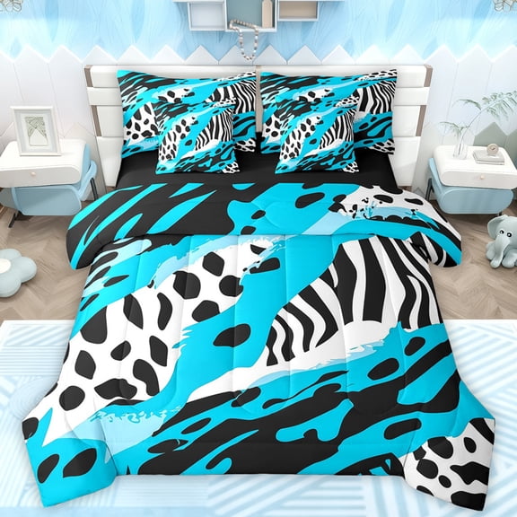 Manfei Chic Zebra Leopard Print Bedding Comforter Set 7pcs, Blue Wateroclor Art Queen Bedding Sets, Modern Fashion Abstract Reversible Queen Sheet Sets, Breathable Home Decor